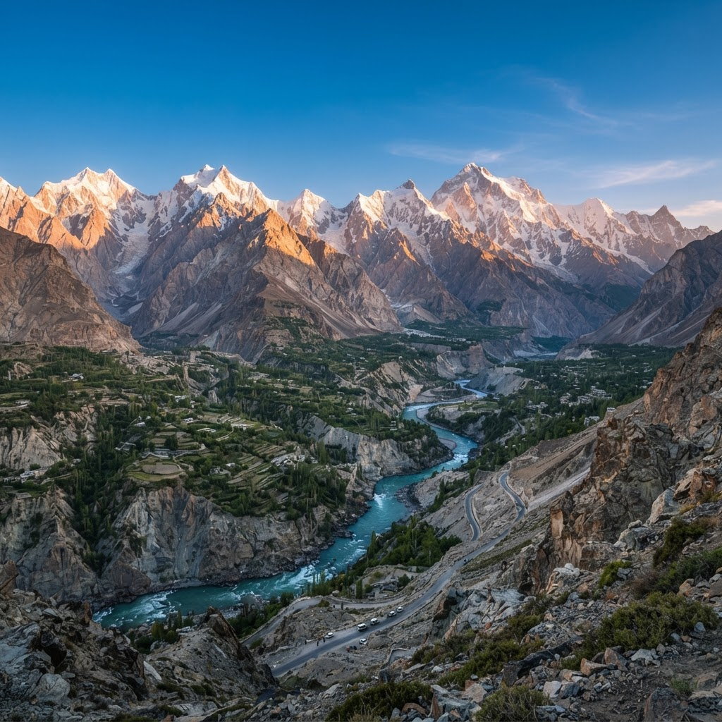 Golden hour over the Karakoram mountain range in northern Pakistan