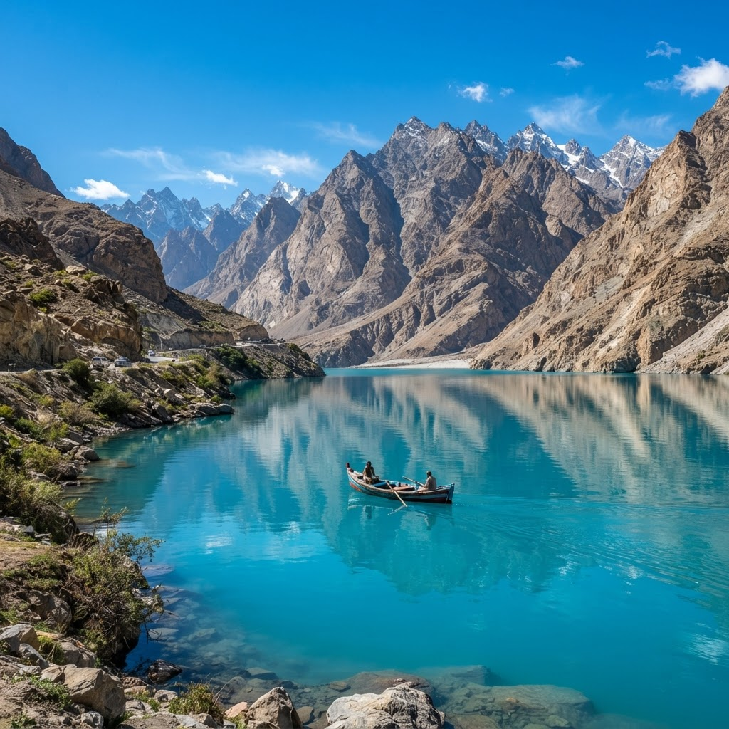 Turquoise waters of Attabad Lake surrounded by mountains in Hunza